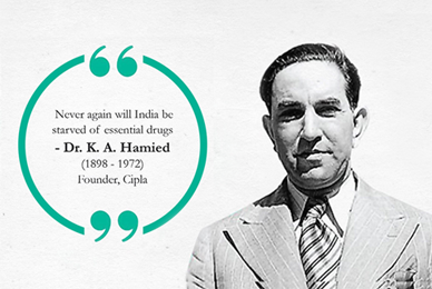 Dr. Hamied’s image with quote or Gandhi’s