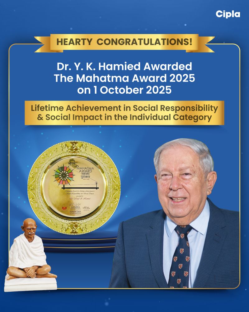 Dr. Y. K. Hamied awarded the Mahatma Award 2025 for Lifetime Achievement in Social Responsibility and Social Impact in the Individual Category. 