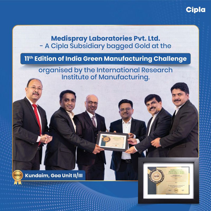 A Cipla subsidiary's Unit-II/III bags Gold at the 11th Edition of India Green manufacturing Challenge 
