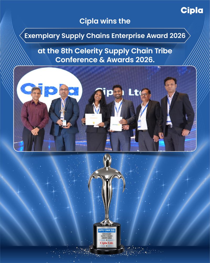 Cipla has been honoured with the Exemplary Supply Chains Enterprise Award 2026 at the 8th Celerity Supply Chain Tribe Conference & Awards 2026.
